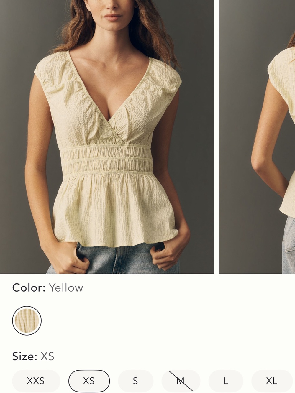 Anthropologie Pale Yellow V-Neck Smocked Waist Peplum Blouse